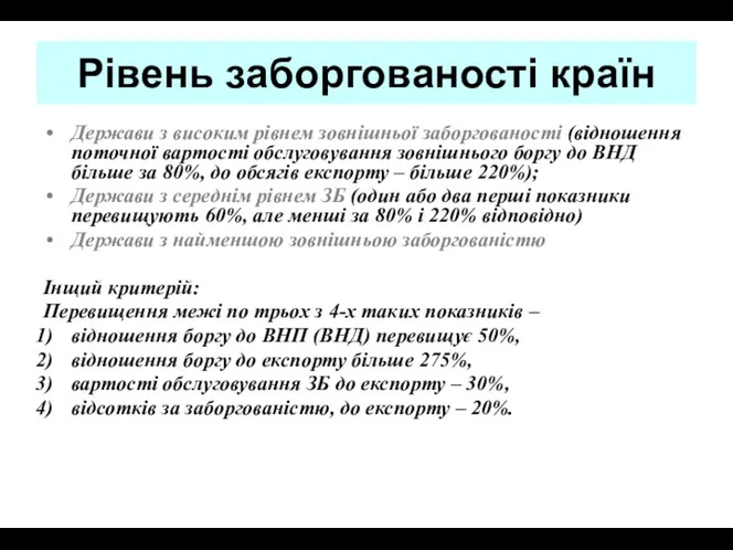 Рівень заборгованості країн Держави з високим рівнем зовнішньої заборгованості (відношення