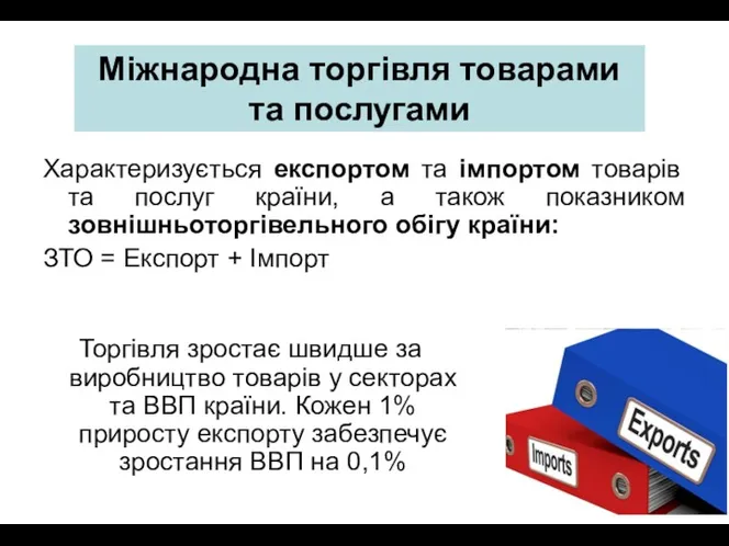 Характеризується експортом та імпортом товарів та послуг країни, а також