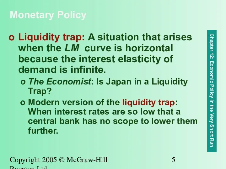 Copyright 2005 © McGraw-Hill Ryerson Ltd. Monetary Policy Liquidity trap: