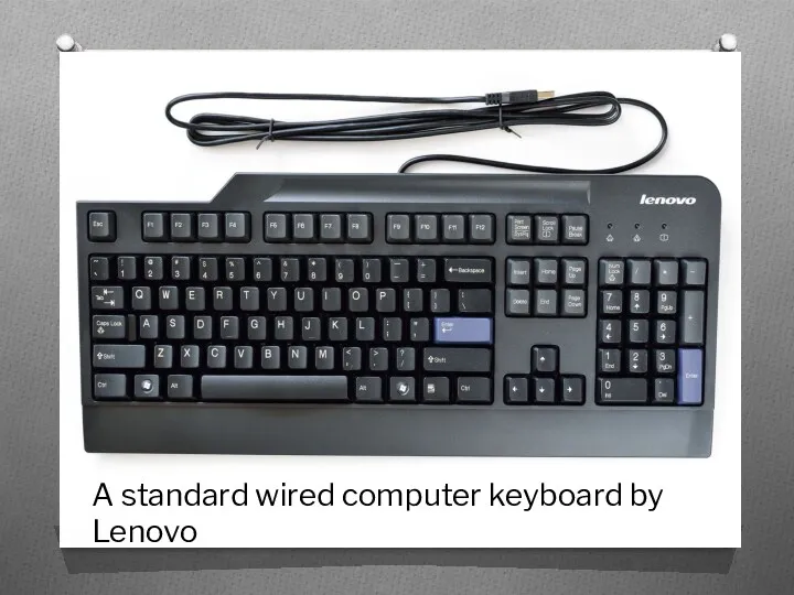A standard wired computer keyboard by Lenovo