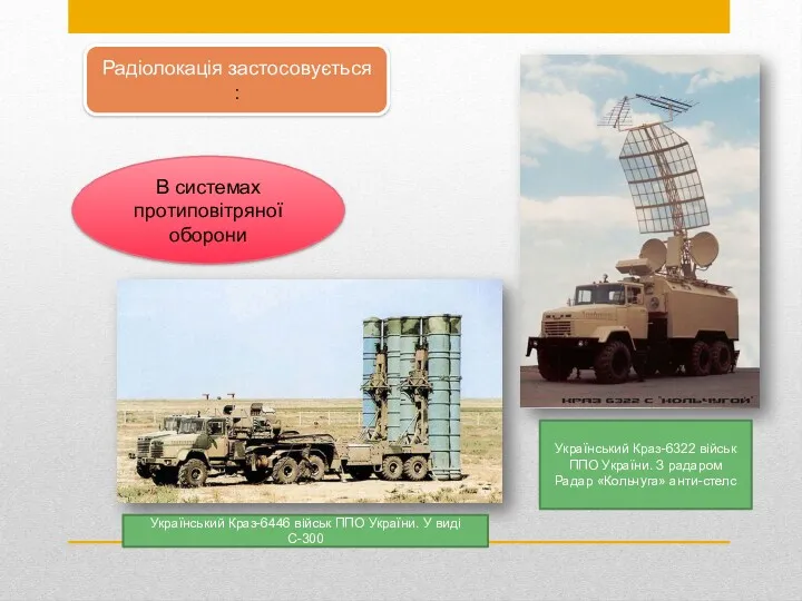 Радіолокація застосовується : В системах протиповітряної оборони Український Краз-6322 військ