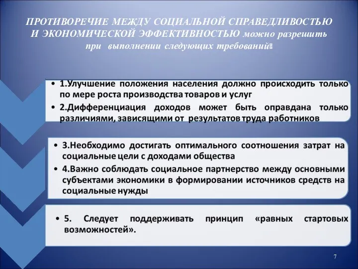 ПРОТИВОРЕЧИЕ МЕЖДУ СОЦИАЛЬНОЙ СПРАВЕДЛИВОСТЬЮ И ЭКОНОМИЧЕСКОЙ ЭФФЕКТИВНОСТЬЮ можно разрешить при выполнении следующих требований: