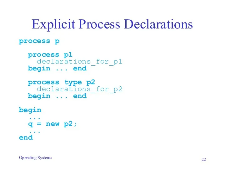 Explicit Process Declarations process p process p1 declarations_for_p1 begin ...
