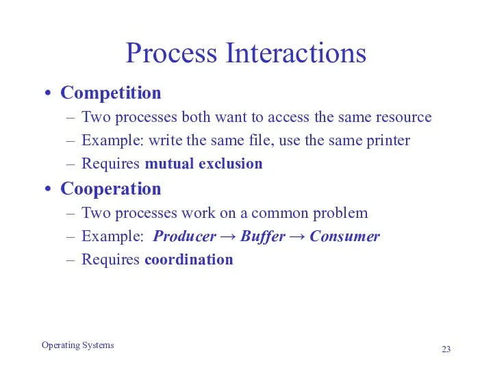Process Interactions Competition Two processes both want to access the