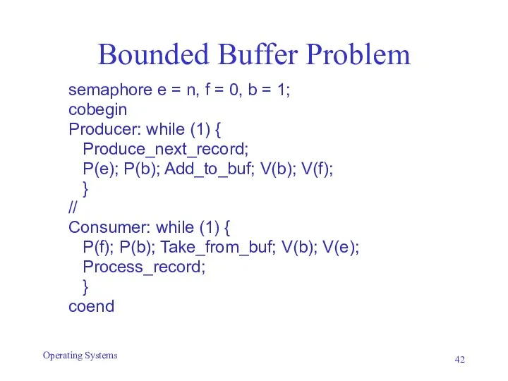 Bounded Buffer Problem semaphore e = n, f = 0,