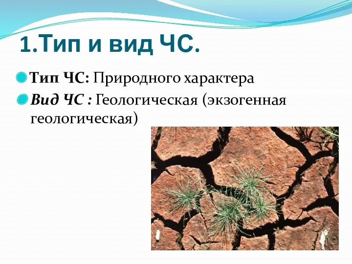 1.Тип и вид ЧС. Тип ЧС: Природного характера Вид ЧС : Геологическая (экзогенная геологическая)