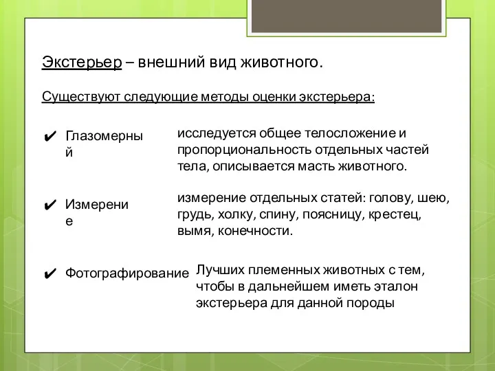 Экстерьер – внешний вид животного. Существуют следующие методы оценки экстерьера: