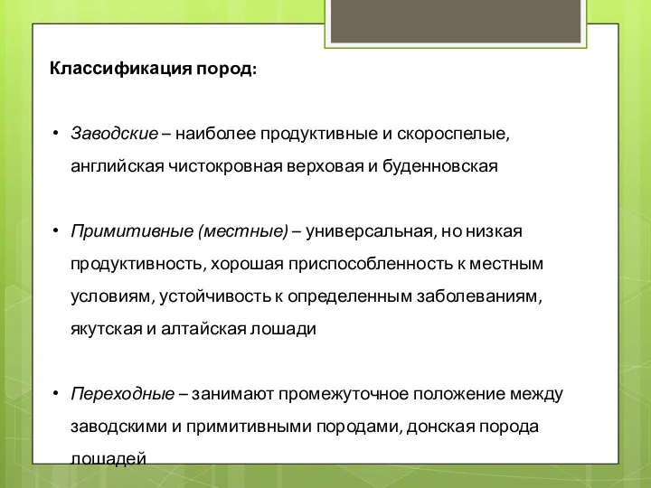 Классификация пород: Заводские – наиболее продуктивные и скороспелые, английская чистокровная