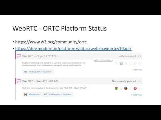 WebRTC - ORTC Platform Status https://www.w3.org/community/ortc https://dev.modern.ie/platform/status/webrtcwebrtcv10api/ /