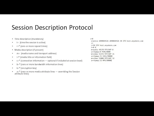 Session Description Protocol Time description (mandatory) t= (time the session