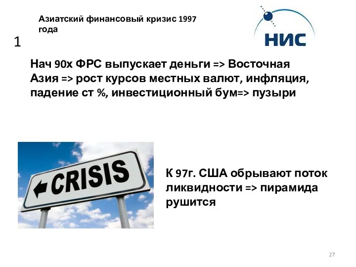 Азиатский финансовый кризис 1997 года Нач 90х ФРС выпускает деньги => Восточная Азия