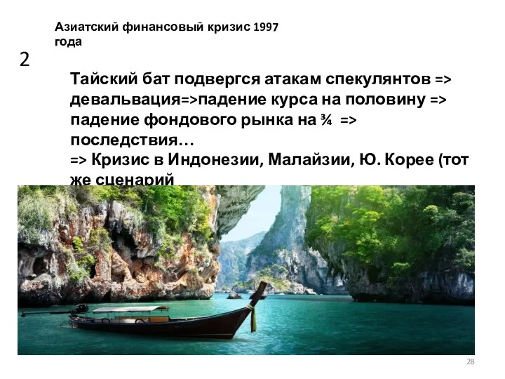 Азиатский финансовый кризис 1997 года 2 Тайский бат подвергся атакам спекулянтов => девальвация=>падение