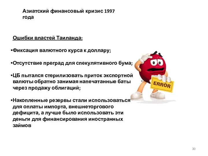 Азиатский финансовый кризис 1997 года Ошибки властей Таиланда: Фиксация валютного курса к доллару;