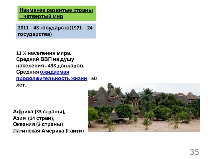 Наименее развитые страны = четвертый мир 11 % населения мира. Средний ВВП на