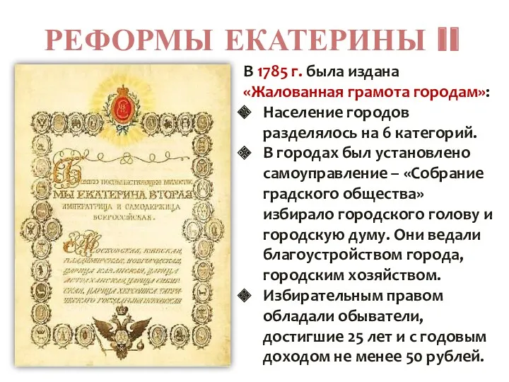 РЕФОРМЫ ЕКАТЕРИНЫ II В 1785 г. была издана «Жалованная грамота