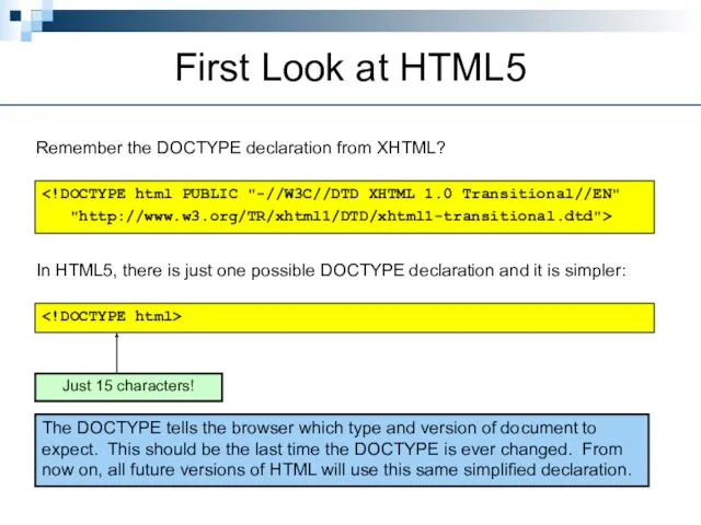 First Look at HTML5 Remember the DOCTYPE declaration from XHTML?