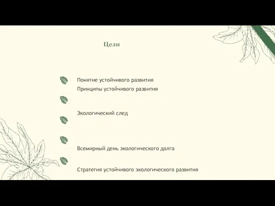 Цели Понятие устойчивого развития Принципы устойчивого развития Экологический след Всемирный