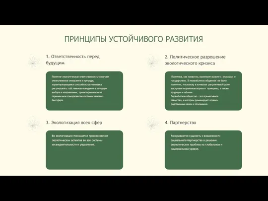 ПРИНЦИПЫ УСТОЙЧИВОГО РАЗВИТИЯ 1. Ответственность перед будущим Понятие«экологическая ответственность»означает ответственное