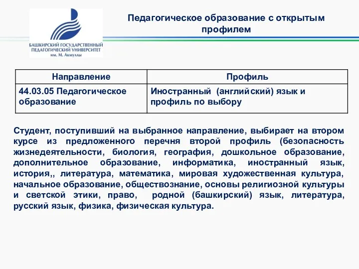 Педагогическое образование с открытым профилем Студент, поступивший на выбранное направление,