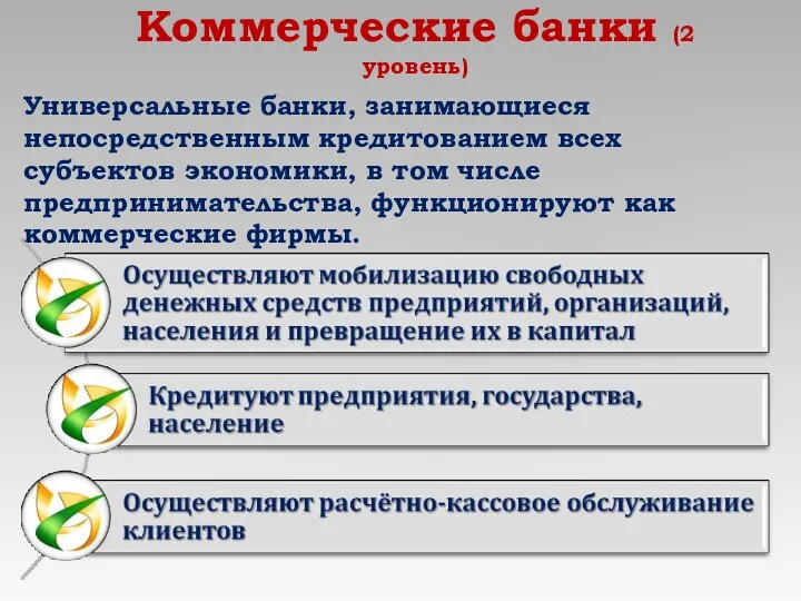 Коммерческие банки (2 уровень) Универсальные банки, занимающиеся непосредственным кредитованием всех