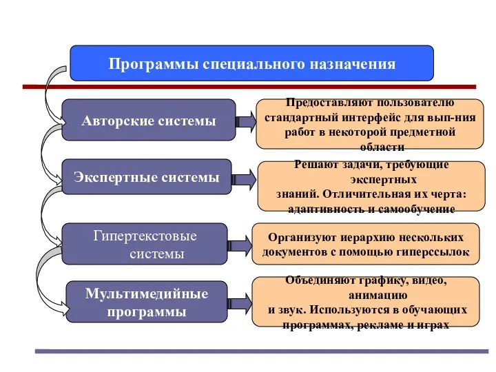 Программы специального назначения Авторские системы Мультимедийные программы Экспертные системы Предоставляют