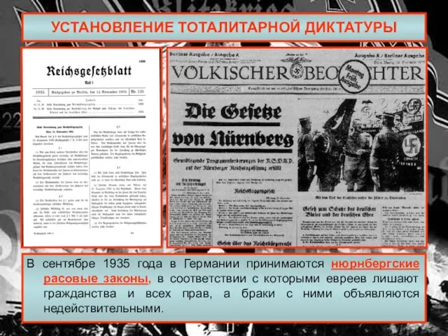 УСТАНОВЛЕНИЕ ТОТАЛИТАРНОЙ ДИКТАТУРЫ В сентябре 1935 года в Германии принимаются