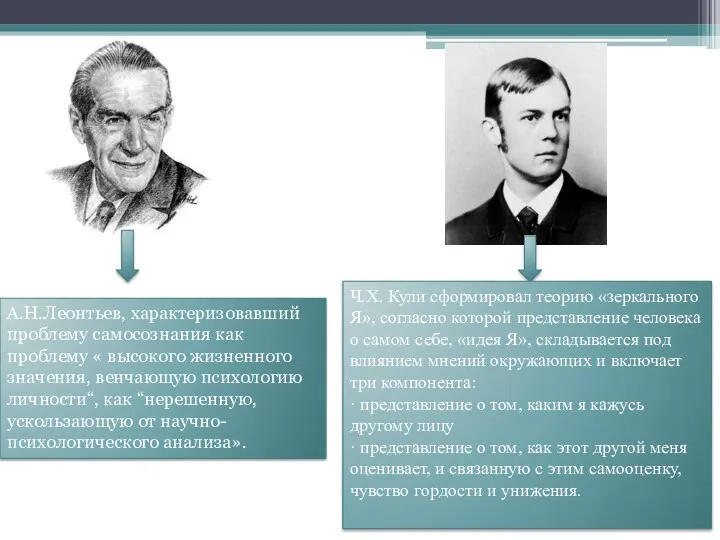 А.Н.Леонтьев, характеризовавший проблему самосознания как проблему « высoкого жизненного значения, венчающую психологию личности“,