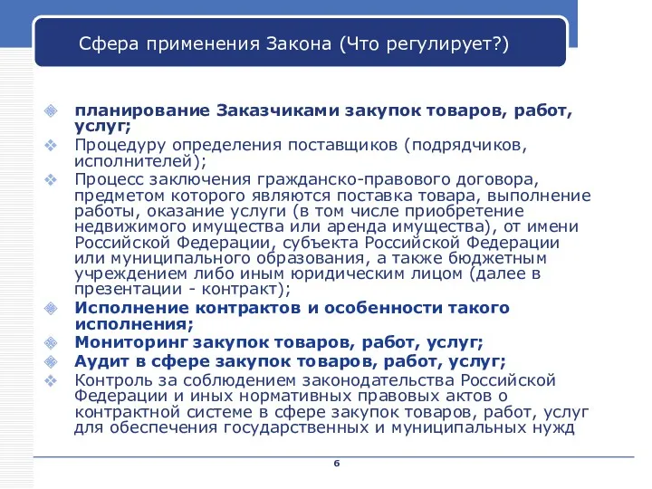 Company Name Сфера применения Закона (Что регулирует?) планирование Заказчиками закупок