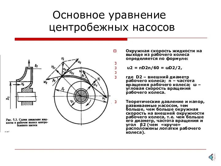 Основное уравнение центробежных насосов Окружная скорость жидкости на выходе из