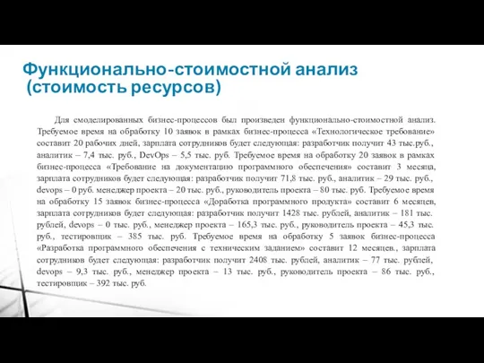 Функционально-стоимостной анализ (стоимость ресурсов) Для смоделированных бизнес-процессов был произведен функционально-стоимостной