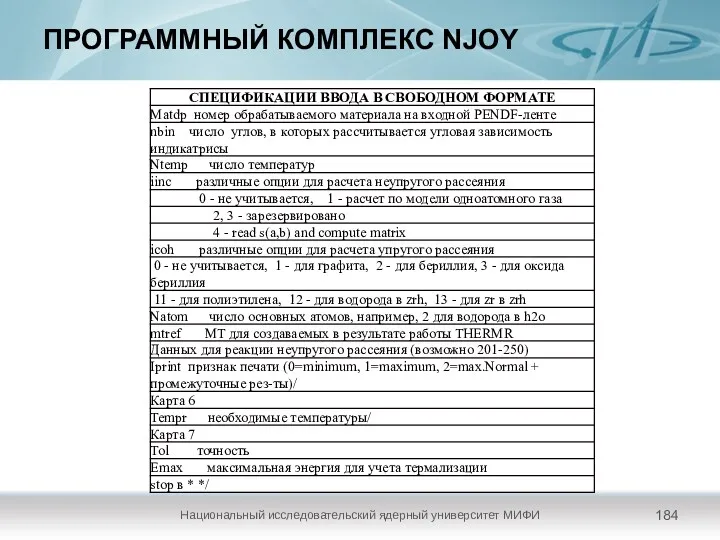 ПРОГРАММНЫЙ КОМПЛЕКС NJOY Национальный исследовательский ядерный университет МИФИ