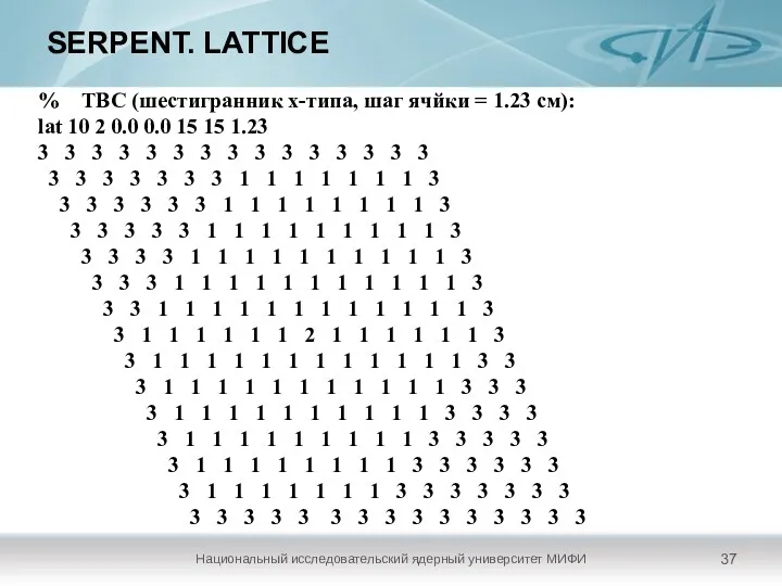 SERPENT. LATTICE Национальный исследовательский ядерный университет МИФИ % ТВС (шестигранник