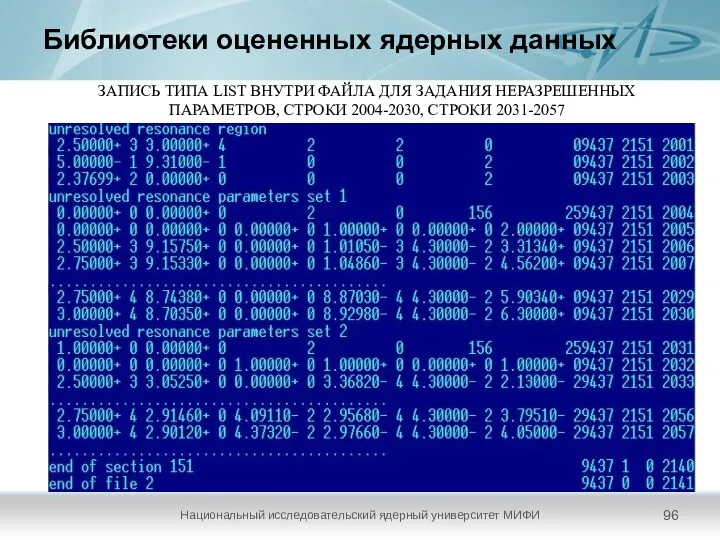 Библиотеки оцененных ядерных данных Национальный исследовательский ядерный университет МИФИ ЗАПИСЬ