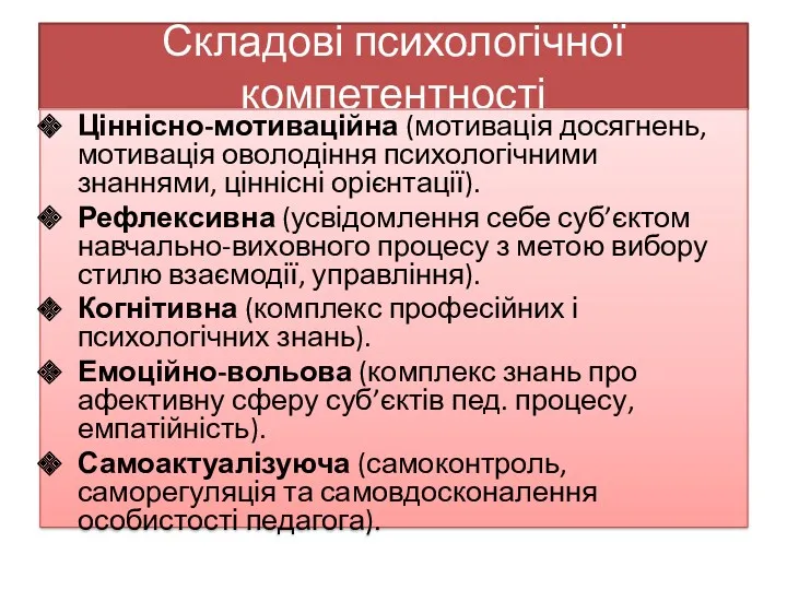 Складові психологічної компетентності Ціннісно-мотиваційна (мотивація досягнень, мотивація оволодіння психологічними знаннями,