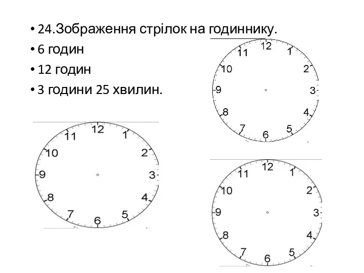 24.Зображення стрілок на годиннику. 6 годин 12 годин 3 години 25 хвилин.