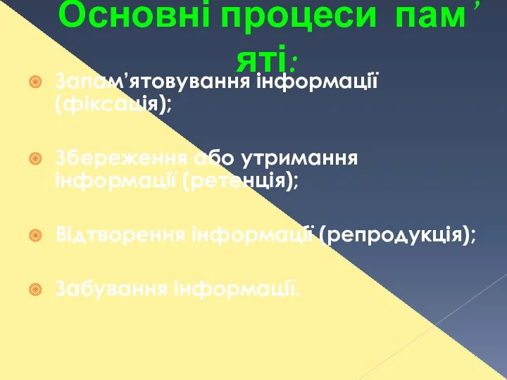 Основні процеси пам’яті: Запам’ятовування інформації (фіксація); Збереження або утримання інформації (ретенція); Відтворення інформації (репродукція); Забування інформації.