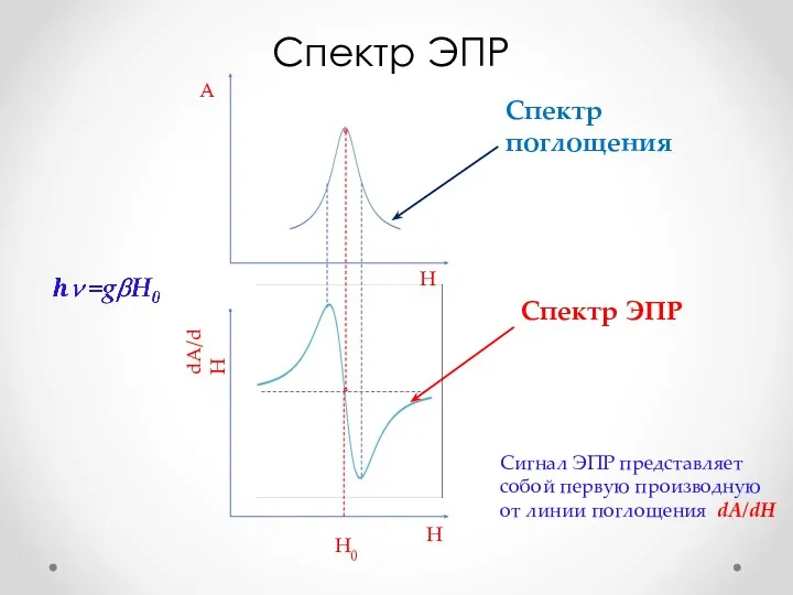 Спектр ЭПР Спектр поглощения Спектр ЭПР Сигнал ЭПР представляет собой