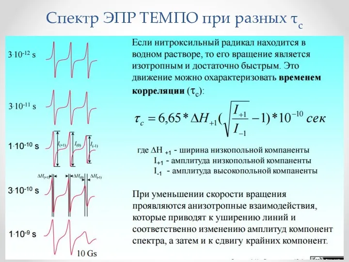 Cпектр ЭПР ТЕМПО при разных τc