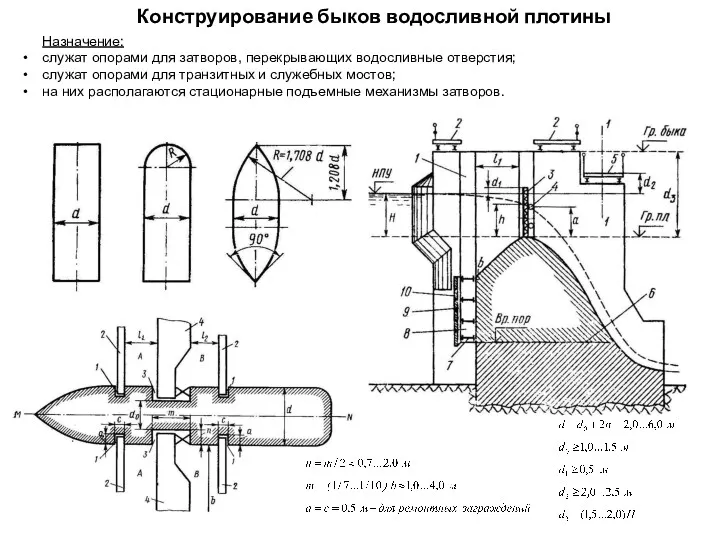 Конструирование быков водосливной плотины Назначение: служат опорами для затворов, перекрывающих