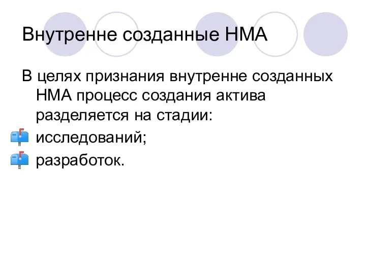 Внутренне созданные НМА В целях признания внутренне созданных НМА процесс