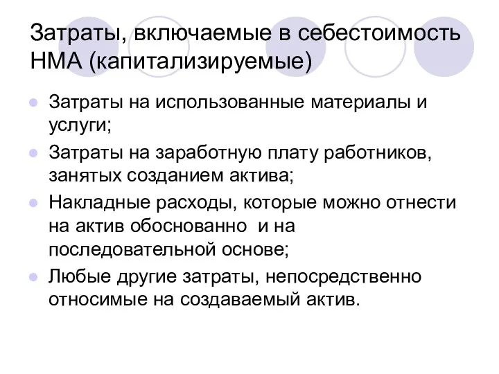 Затраты, включаемые в себестоимость НМА (капитализируемые) Затраты на использованные материалы