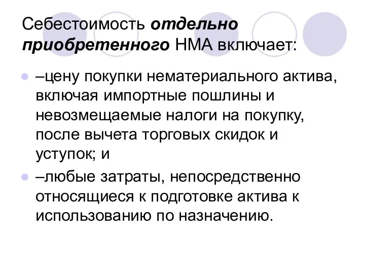 Себестоимость отдельно приобретенного НМА включает: –цену покупки нематериального актива, включая