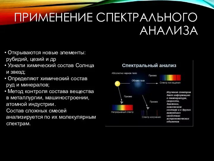 ПРИМЕНЕНИЕ СПЕКТРАЛЬНОГО АНАЛИЗА Открываются новые элементы: рубидий, цезий и др