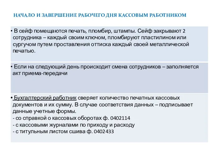 НАЧАЛО И ЗАВЕРШЕНИЕ РАБОЧЕГО ДНЯ КАССОВЫМ РАБОТНИКОМ