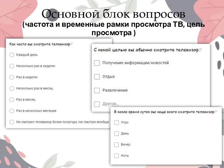 Основной блок вопросов (частота и временные рамки просмотра ТВ, цель просмотра )