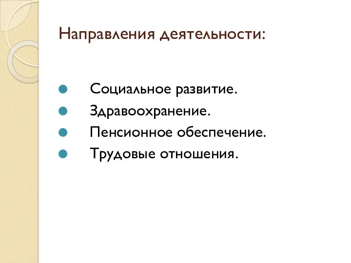 Направления деятельности: Социальное развитие. Здравоохранение. Пенсионное обеспечение. Трудовые отношения.