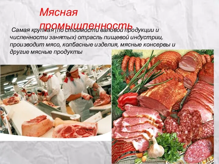 Мясная промышленность Самая крупная (по стоимо­сти валовой продукции и численности