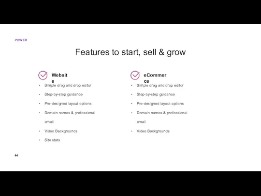 Features to start, sell & grow Website Simple drag and