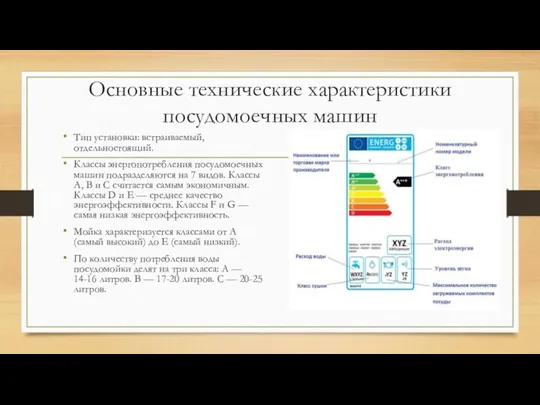 Основные технические характеристики посудомоечных машин Тип установки: встраиваемый, отдельностоящий. Классы