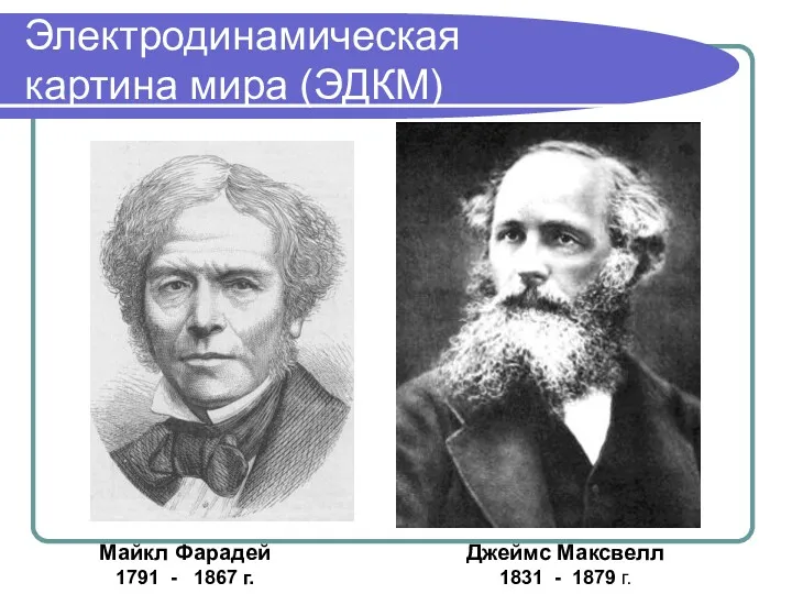 Электродинамическая картина мира (ЭДКМ) Майкл Фарадей 1791 - 1867 г. Джеймс Максвелл 1831 - 1879 г.